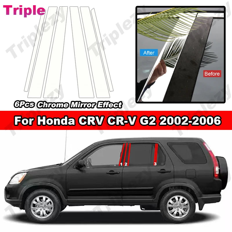 6Pcs Glossy Chrome/Black/Carbon Fiber Car PC Window Door B C Pillar Post Cover Trim For Honda CRV CR-V G2 Gen 2nd 2002-2006