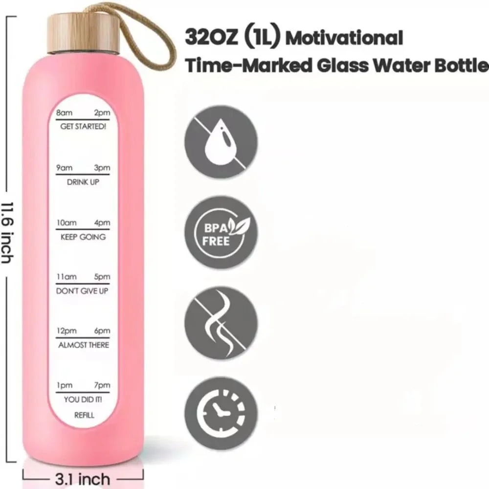 32oz 1L Time-marked Glass Water Bottles Drink Bottle Bamboo Lid Free of Lead Motivational Sport Silicone Sleeve Bottle