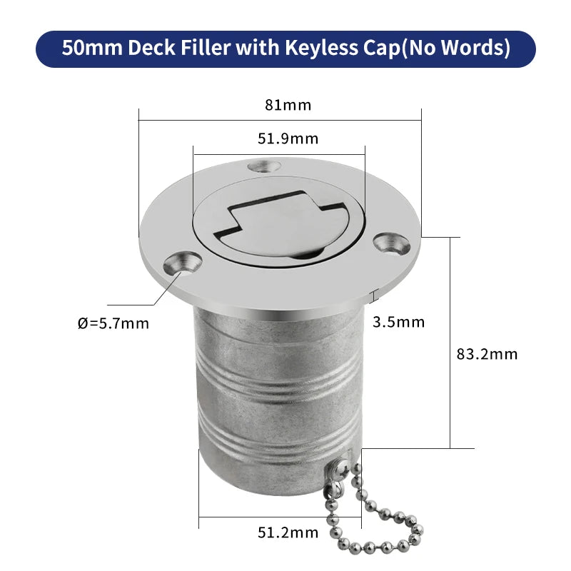 38/50mm 316 Stainless Steel Boat Deck Filler with Keyless Cap GAS DIESEL FUEL WASTE WATER Mirror Polish Marine Deck Filler Cap