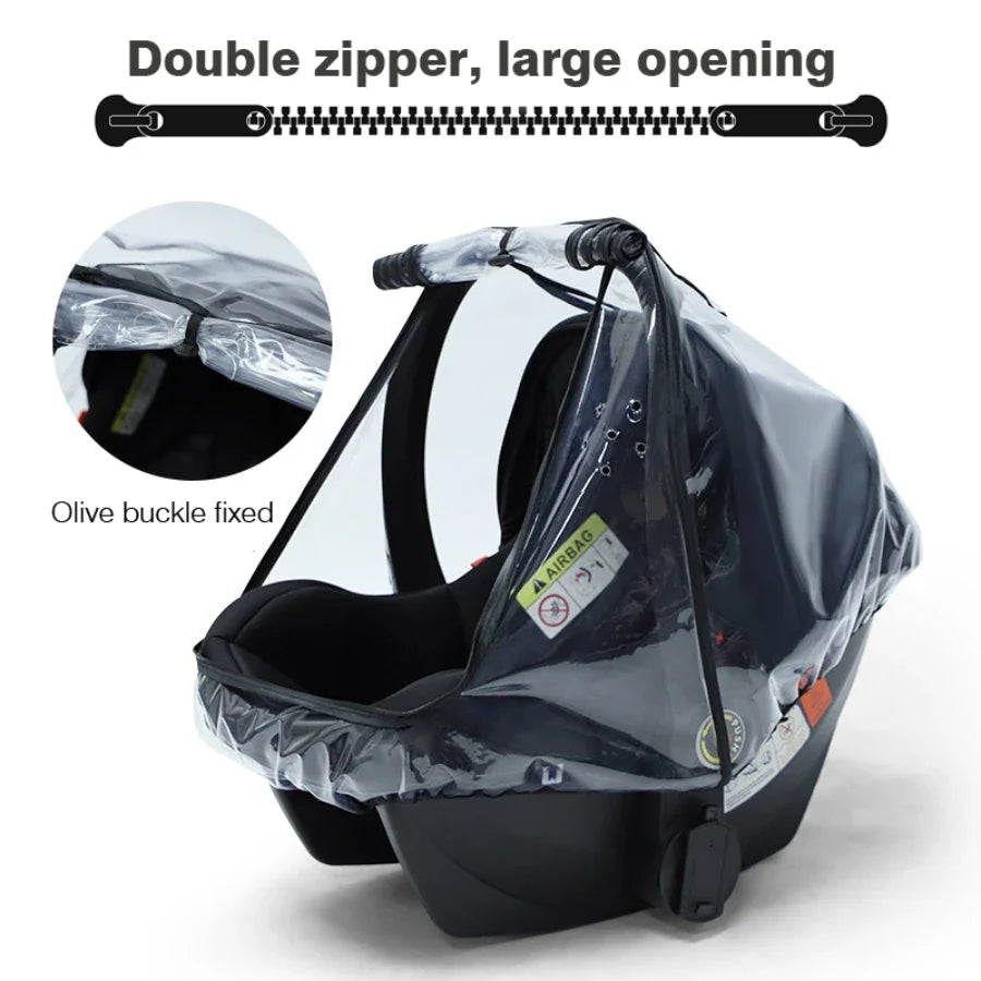Baby Safety Seat Rain Cover Transparent EVA Baby Stroller Carriage Rain Cover Dust Cover Double Zipper Baby Stroller Accessories