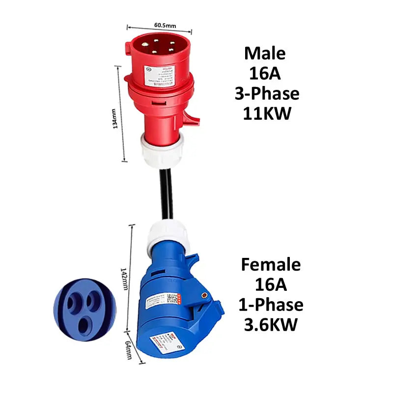 Electric vehicle charging adapter CEE Plug 16A/32A Red to Socket Blue 1-phase 32A 7KW 16A 3.5KW Red 3-Phase 16A 11KW 32A 22KW