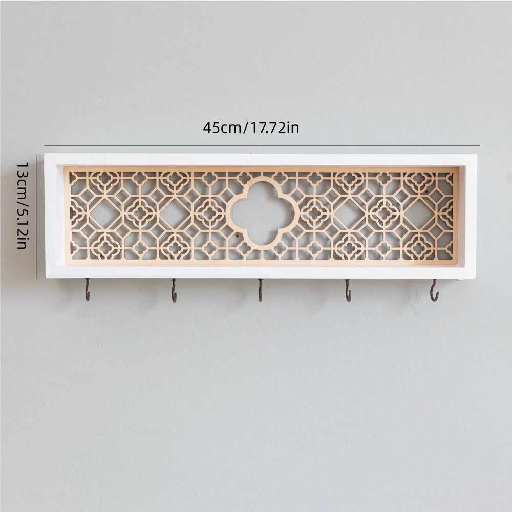 Wooden wall key hook rack with shelf, decorative storage organizer, assorted styles