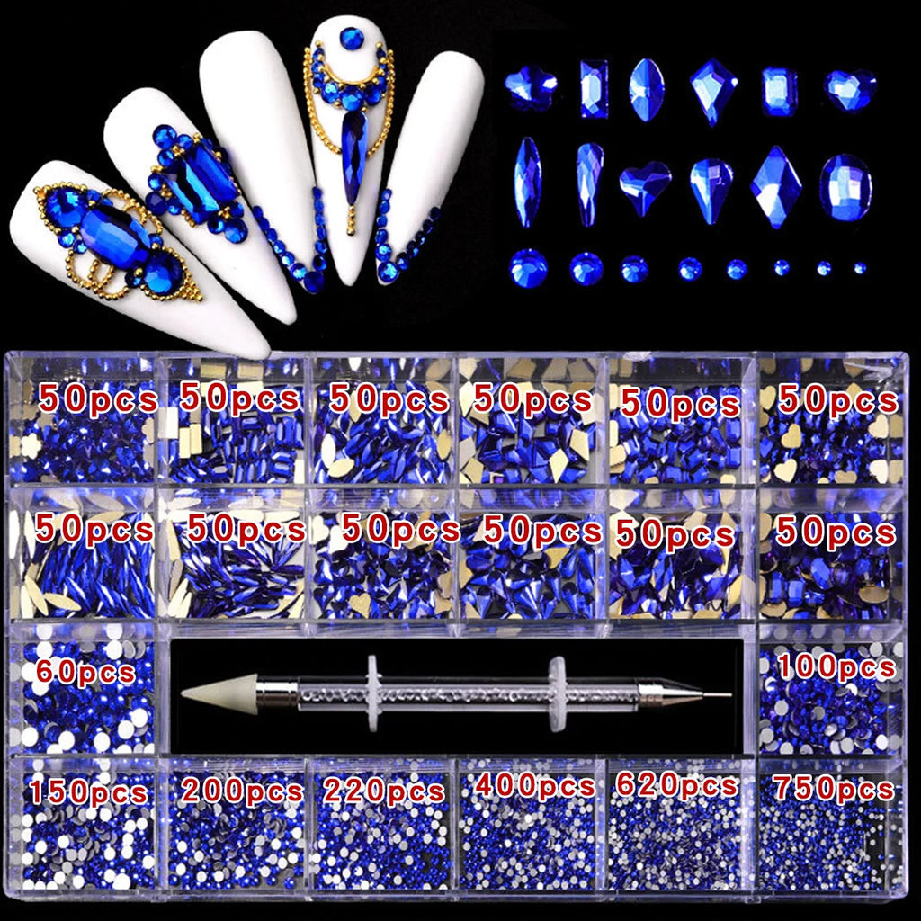 21 grid rhinestone box mixed nail diamond Flat glass shaped diamond DIY nail rhinestone nail jewelry set