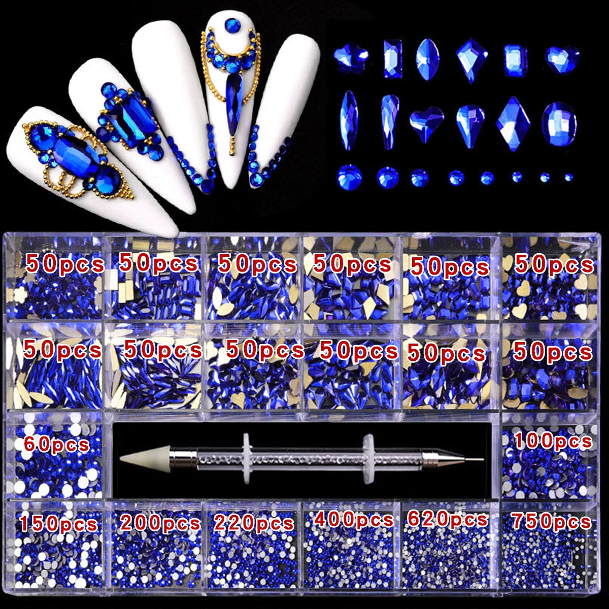 21 grid rhinestone box mixed nail diamond Flat glass shaped diamond DIY nail rhinestone nail jewelry set