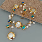 YYGEM hot sale ! Blue Murano Glass 10-11mm  Freshwater Cultured 27mm White Keshi Pearl Gold Filled Chain Necklace 21"