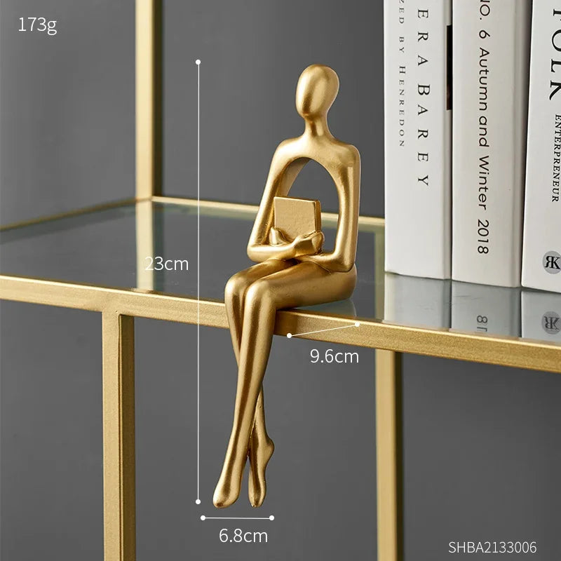 Gold Thinker Statue Bookshelf Sculpture Figurine, Holding Book Style, Modern Desk Decor