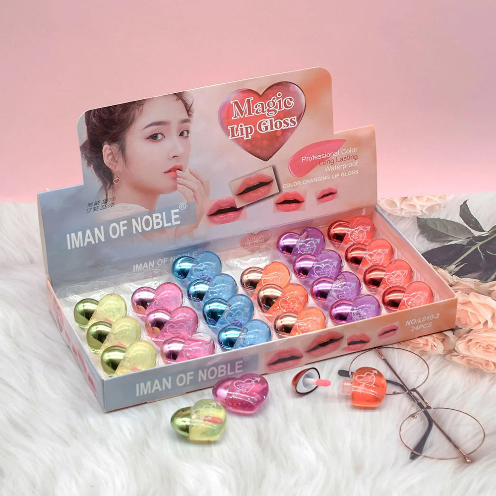 Wholesale 24pcs Sequin Lip Gloss Cute Heartshaped Colorchanged Girls Woman Kawaii Natural Moisturizing Lips Makeup Bulk
