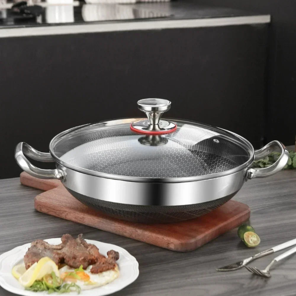 32cm 304 Stainless Steel Frying Pan Food Grade Non Stick Pan Honeycomb Pot Bottom Induction Cooker Gas Stove General Wok