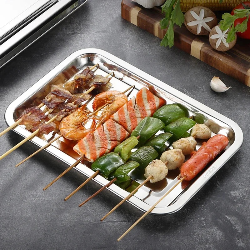 Stainless Steel Barbecue Tea Storage Serving Trays Rectangle Steamed Rice Sausage Plate Grill Meat Restaurant Metal Utensils