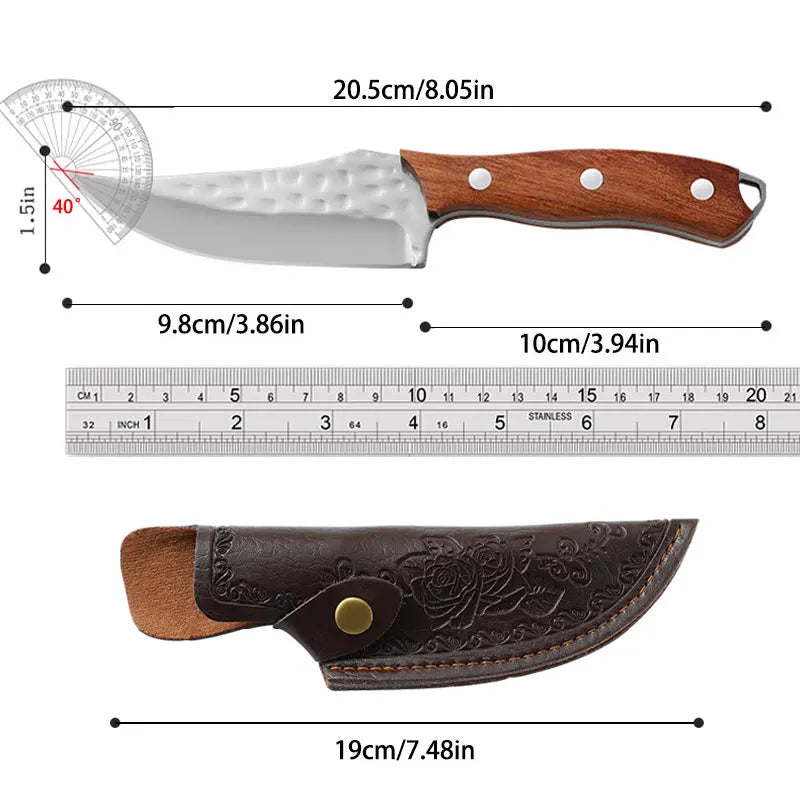 Hand Forged Kitchen Boning Knife Stainless Steel Meat Cleaver Butcher Knife with Leather Sheath for Camping Hunting Cooking
