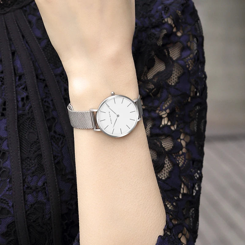 2023 New Women Bracelet Watch 1 Set Japan Quartz Movement Simple Rose Gold Stainless Steel Mesh Student Watches Relogio Feminino