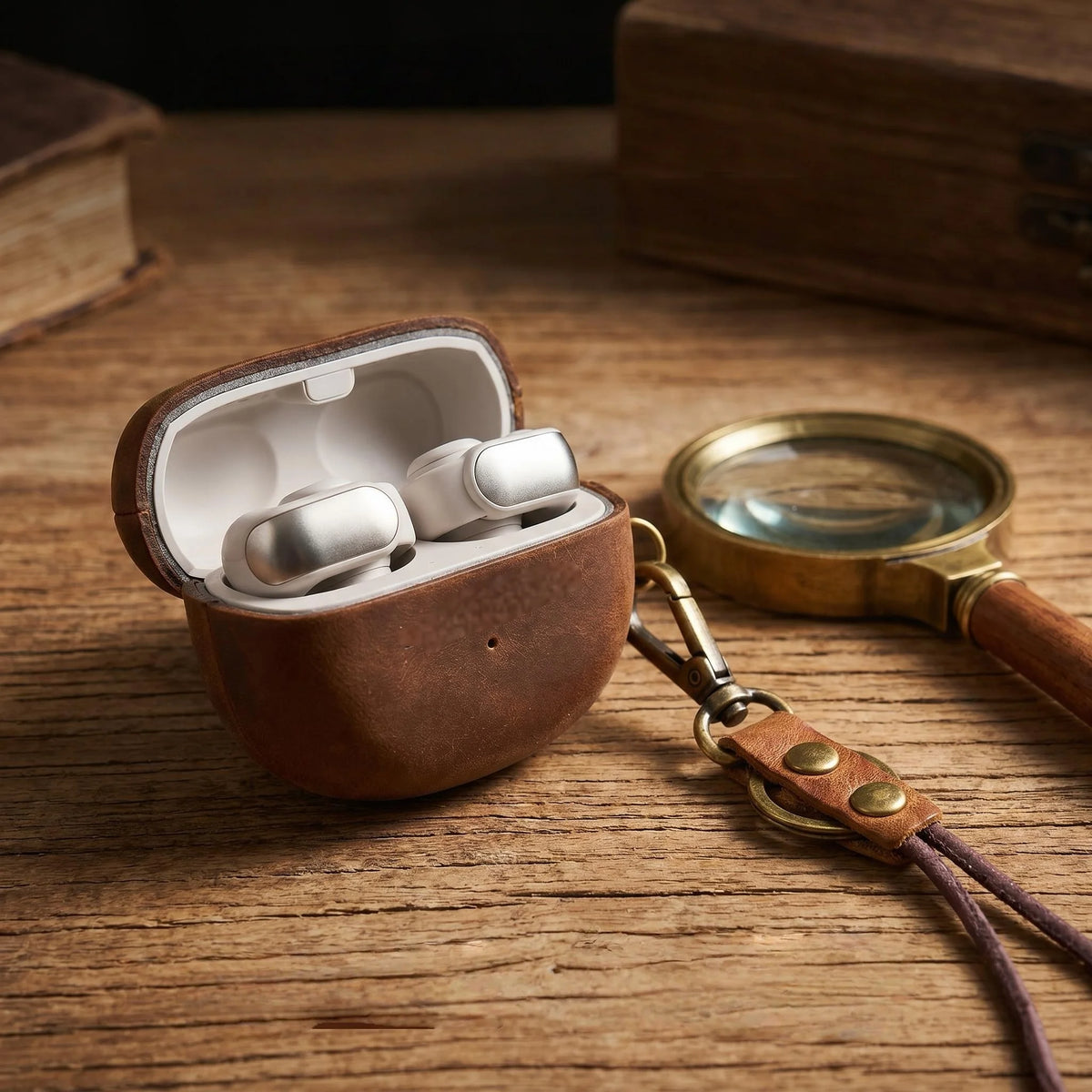 Bose Ultra Open Earbuds Case Crazy Horse Leather Full Cover Split Case Brown w/ Hook
