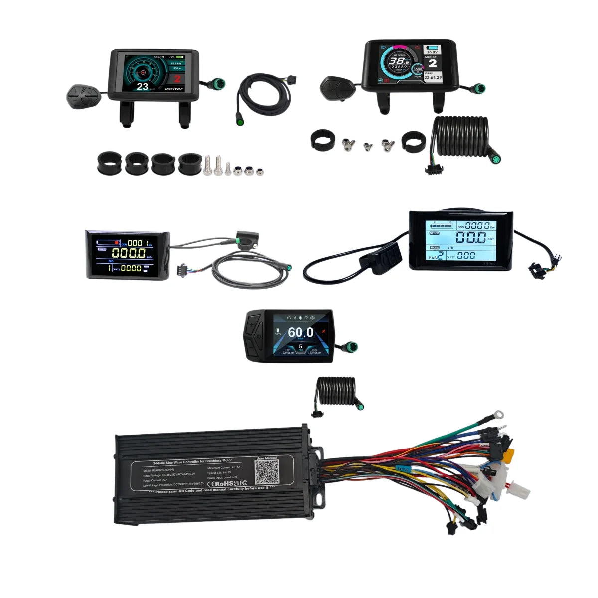 48V-72V 45A 3-mode Sine Wave ebike Controller with/without Display for 1000W-2880W Motor