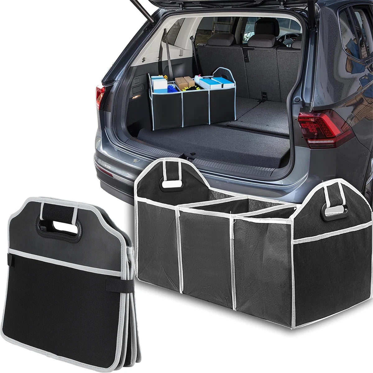Foldable Car Trunk Organizer 3-Compartment Cargo Storage Bag, Camping Gear & Groceries, Fits All Vehicles, Black