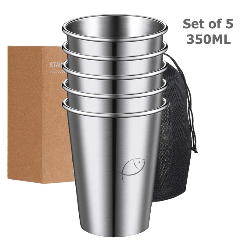 5 Pieces Stainless Steel Cups Pint Cup Tumbler Metal Cups Stackable Cup Metal Drinking Glasses for Home Camping Bar 350ML 260ML