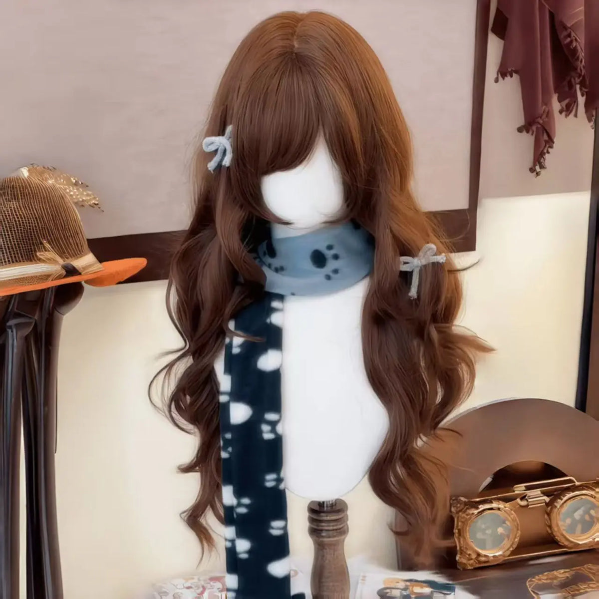 Chocolate Brown Wig with Bangs 24inch Long Wavy Hair Wigs for Women High Quality Cute Lolita Synthetic Wig for Daily Use Cosplay