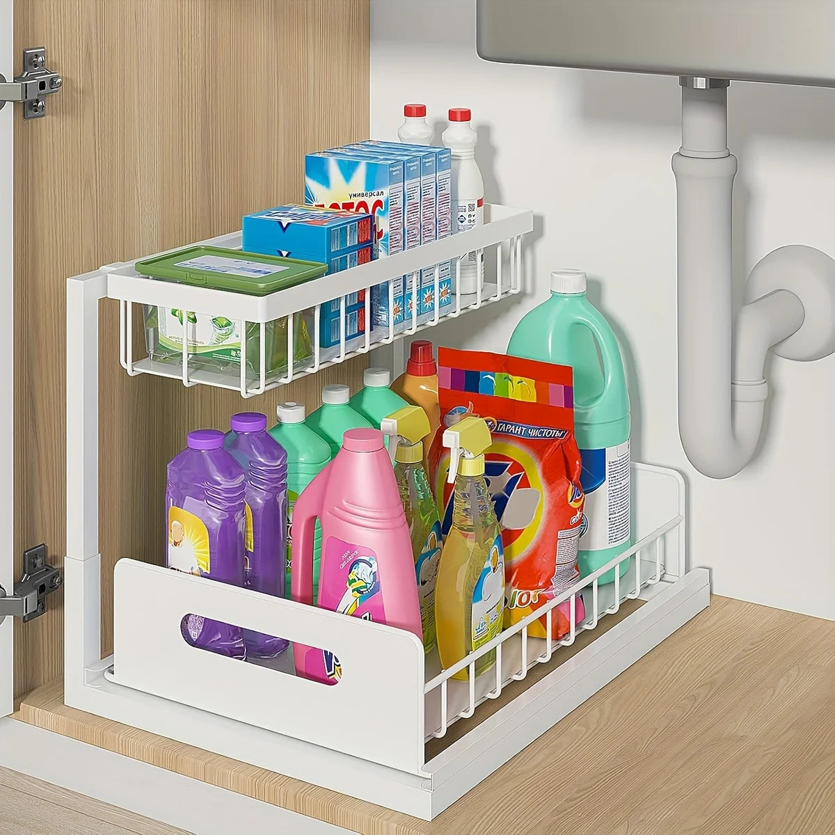 2-Tier Sliding Under Sink Organizer - Rustproof Metal Storage for Kitchen & Bathroom Cabinets,Ideal for Cleaning Supplies