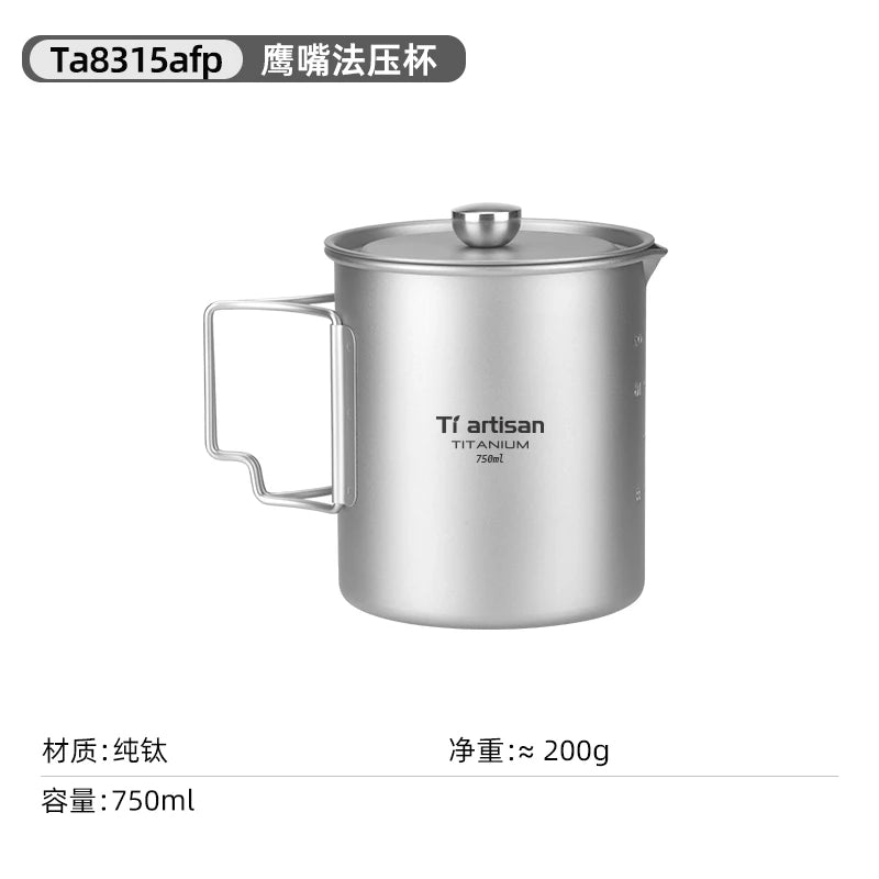 Tiartisan Titanium Folding Handle French Press Hanging Pot Coffee Maker With Lid Outdoor Camping Cookware Water Cup Mug