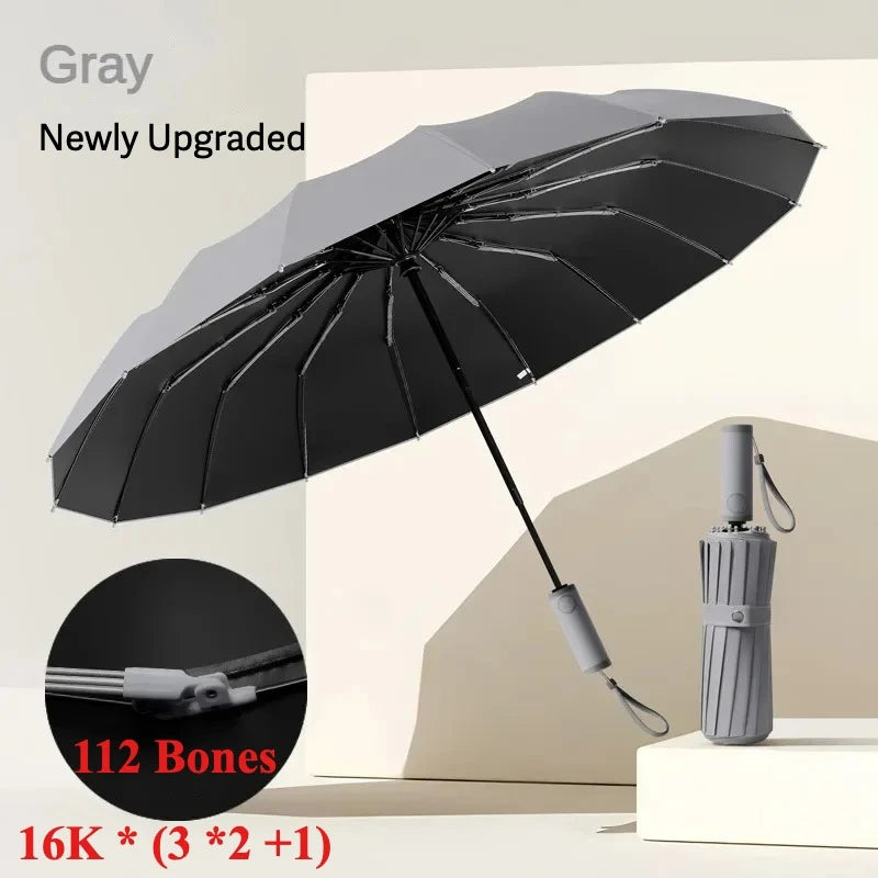 Automatic Open Close Compact Folding Umbrella, 112 Rib Windproof UV50+ Sun Rain - Black