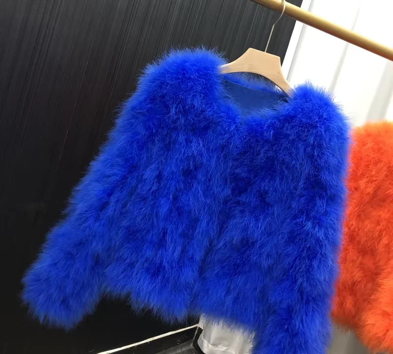 Ostrich Feather Coat for Women 100% Natural Fur Coats O Neck Long Sleeve Ladies Nightclub Turkey Jackets Winter Fashion