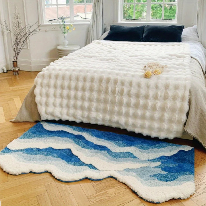 Sea Wave Flocking Area Rug Blue Bedroom Hallway Floor Mat, Sizes 50x80cm-70x160cm