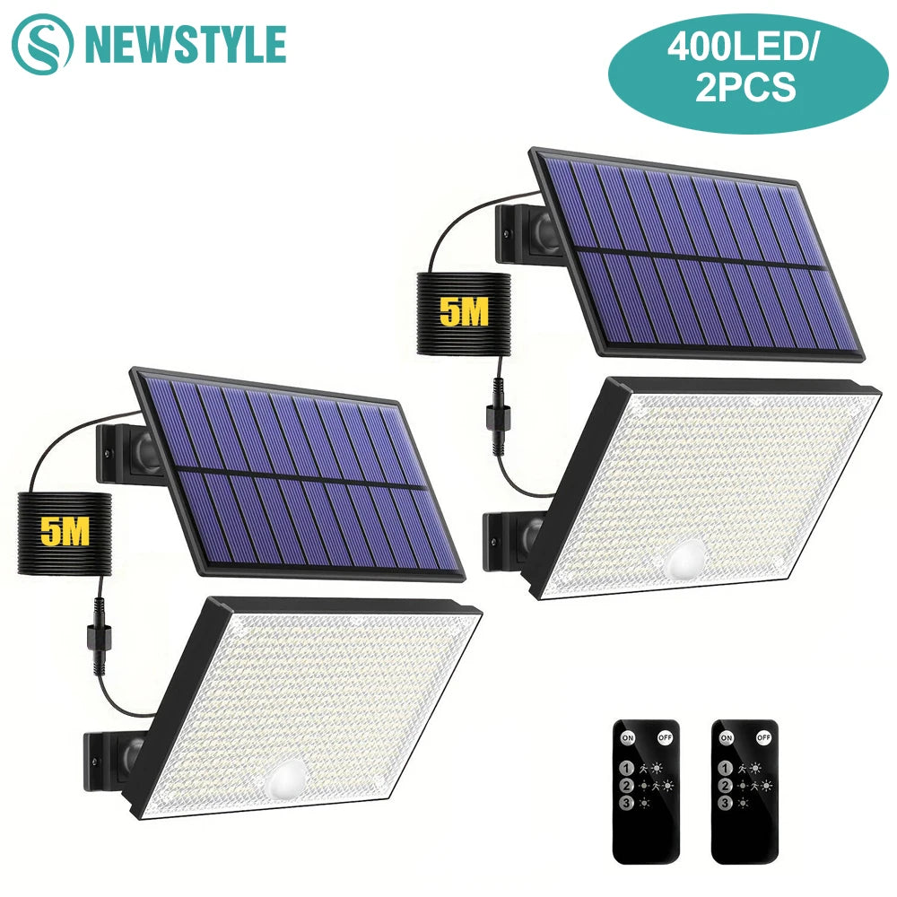 400 LED Solar Lights Outdoor 3 Modes Motion Sensor LED Solar Spotlight Waterproof Solar Powered Wall Light Garden Garage Yard