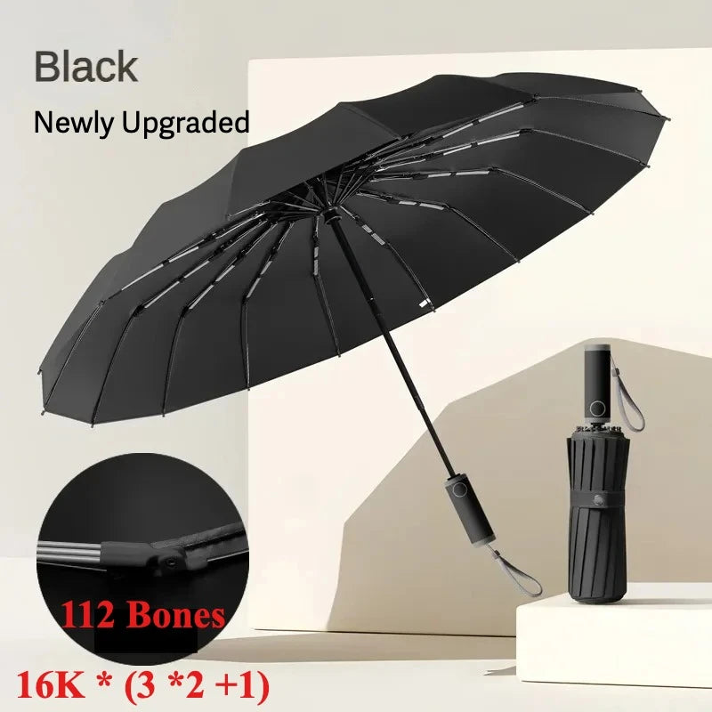 Automatic Open Close Compact Folding Umbrella, 112 Rib Windproof UV50+ Sun Rain - Black