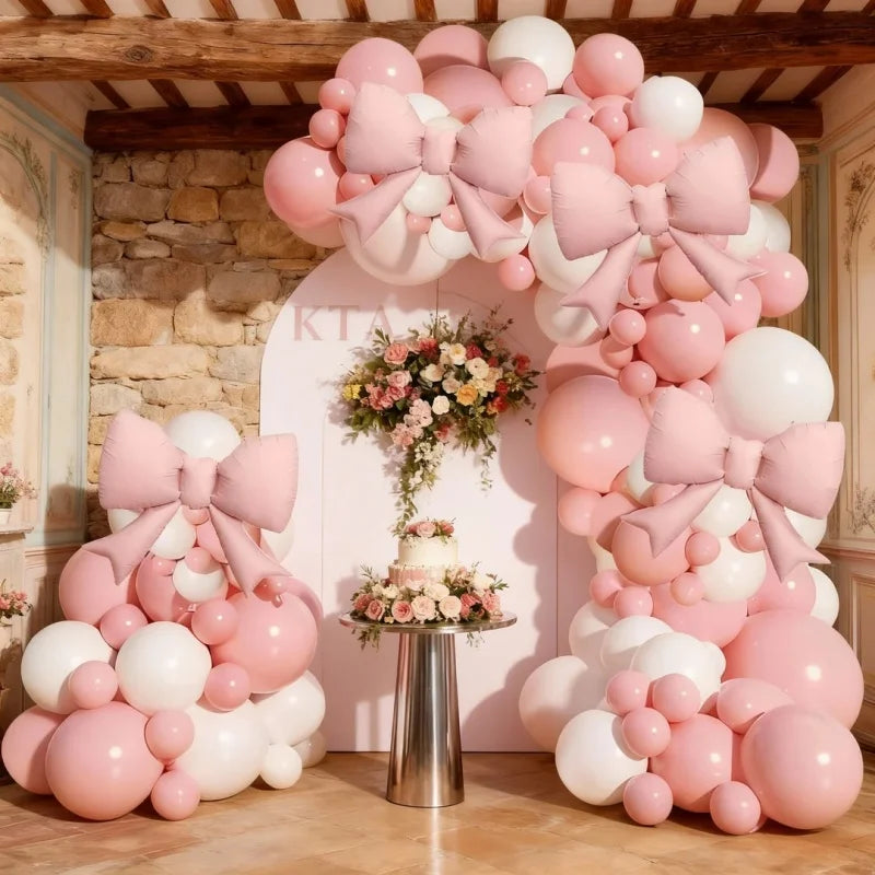 118Pcs Pink and White Bow Balloon Arch Kit, 21inch Pink Bow Foil Balloons Paired with Pink and White Latex Balloons, Ideal for Valentine's Day Parties, Ladies' Bachelorette Parties, Weddings, and Girls' Birthday Party Decorations