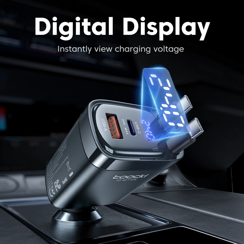 Toocki Digital Display Car Charger 105W 4 In1 Fast Charge Dual Type-C Cable With Retractable Cable For iPhone 16 15 14  Samsung