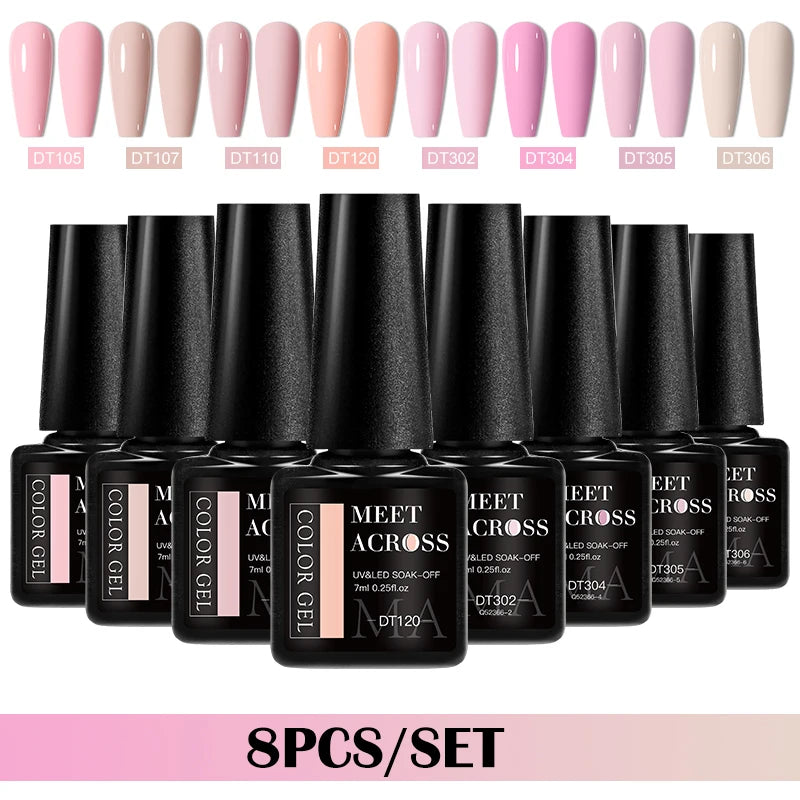 MEET ACROSS Gel Nail Polish Set 8pcs x 7ml Brown Red Pink UV LED Soak Off HEMA/TPO Free