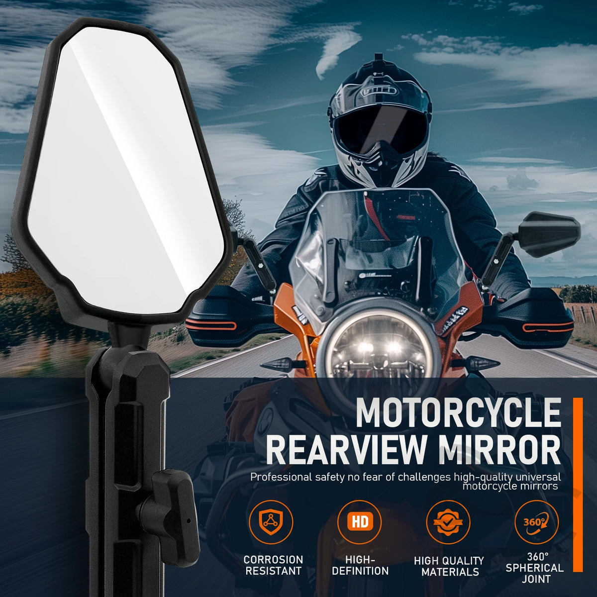Universal Motorcycle Handlebar Side Mirrors, Adjustable Angle Folding, 1 Pair
