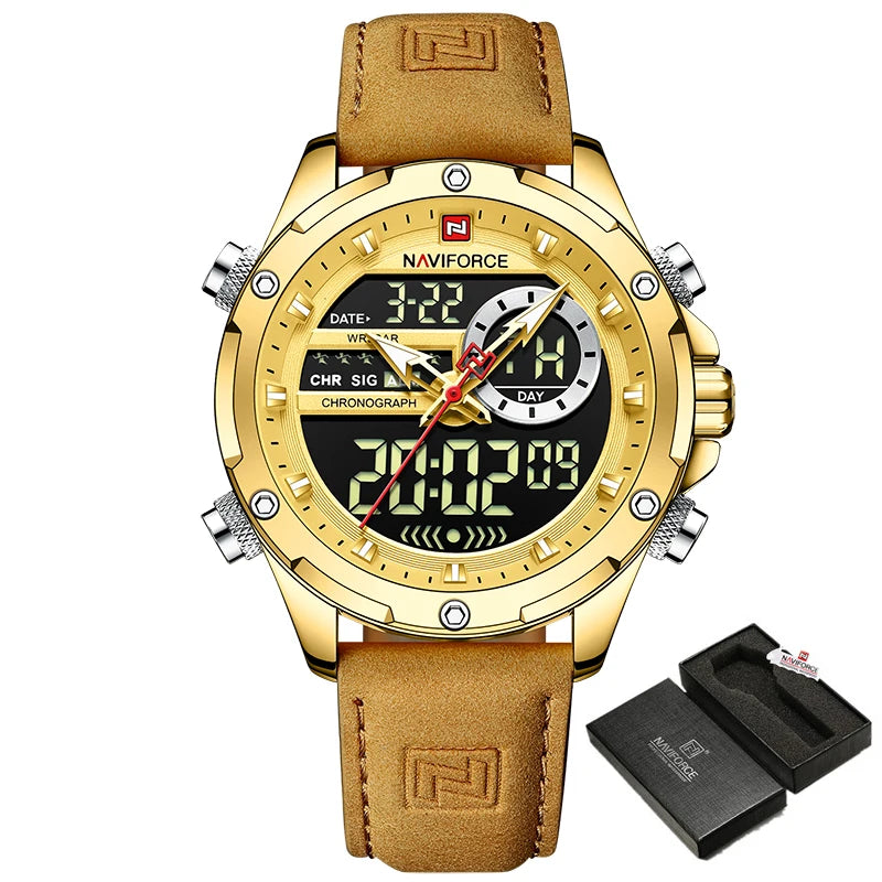 NAVIFORCE Men's Digital Quartz Sport Watch LED Waterproof Wristwatch, Gold Black