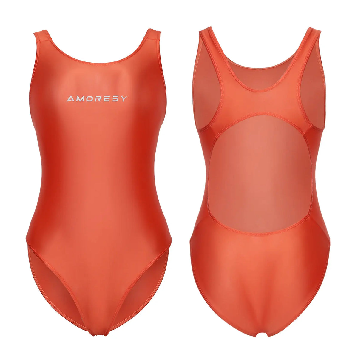 AMORESY Women's Satin Sheer One Piece Swimsuit High Cut Backless Bathing Suit Fitness Yoga Tights Swimwear Beach Diving Leotards