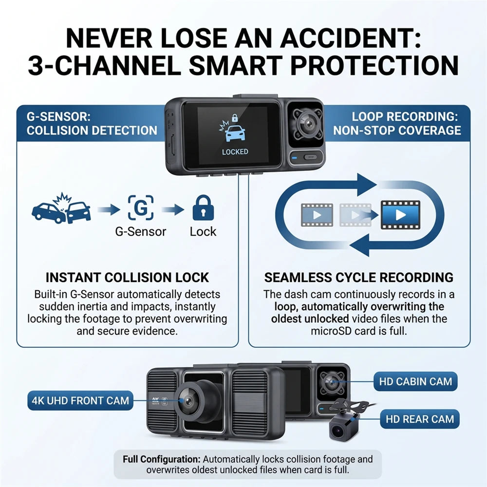 4K 3-Lens Dash Cam WiFi Car DVR Front Inside Rear Triple Camera 24H Parking Mode
