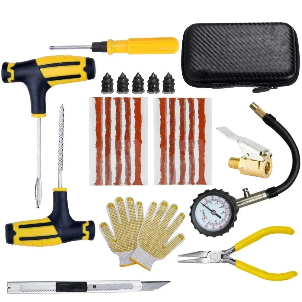 Motorcycle Tire Puncture Repair Kit with Plug Strips & Tools, 22-36pcs Set
