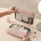 Travel Makeup Bag Waterproof Double Layer Cosmetic Organizer with Clear Window, Beige/Pink/Black/Purple