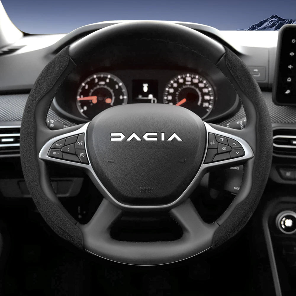 Suitable for Dacia Sports Suede Steering Wheel Cover, Split Snap-On Anti-Slip Style, for Models Such as Sandero Stepway, Duster, Jogger, Bigster, Spring, Electric, Cargo, Logan, Etc., in Black, Brown, Mocha, and Red Co
