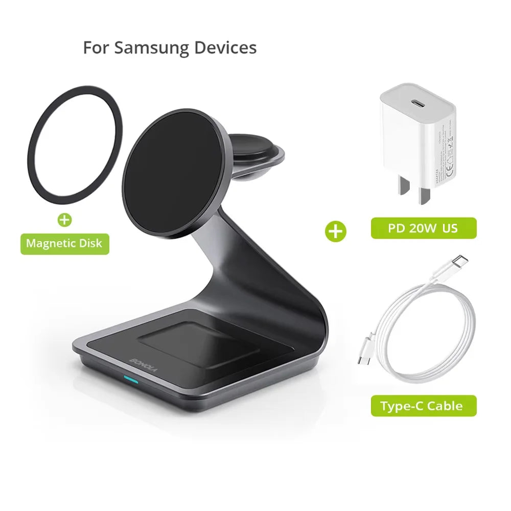 Bonola 3-in-1 Magnetic Wireless Charger Stand, Black, for Samsung Galaxy S24 Ultra + Watch + Earbuds