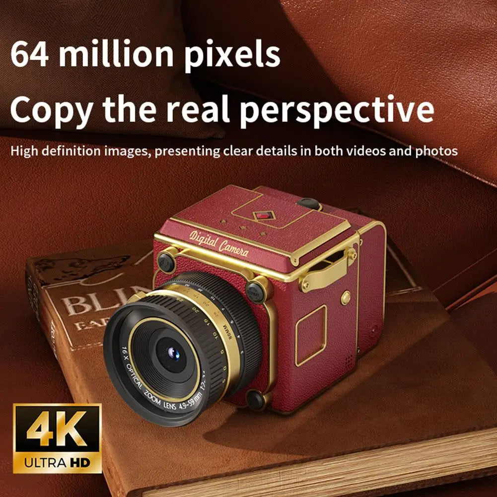 4K Retro Portable Simulation Camera Video Recording 16X Zoom 6400MP HD 2.0 Inch Screen With128GB Card Student Portable Camera
