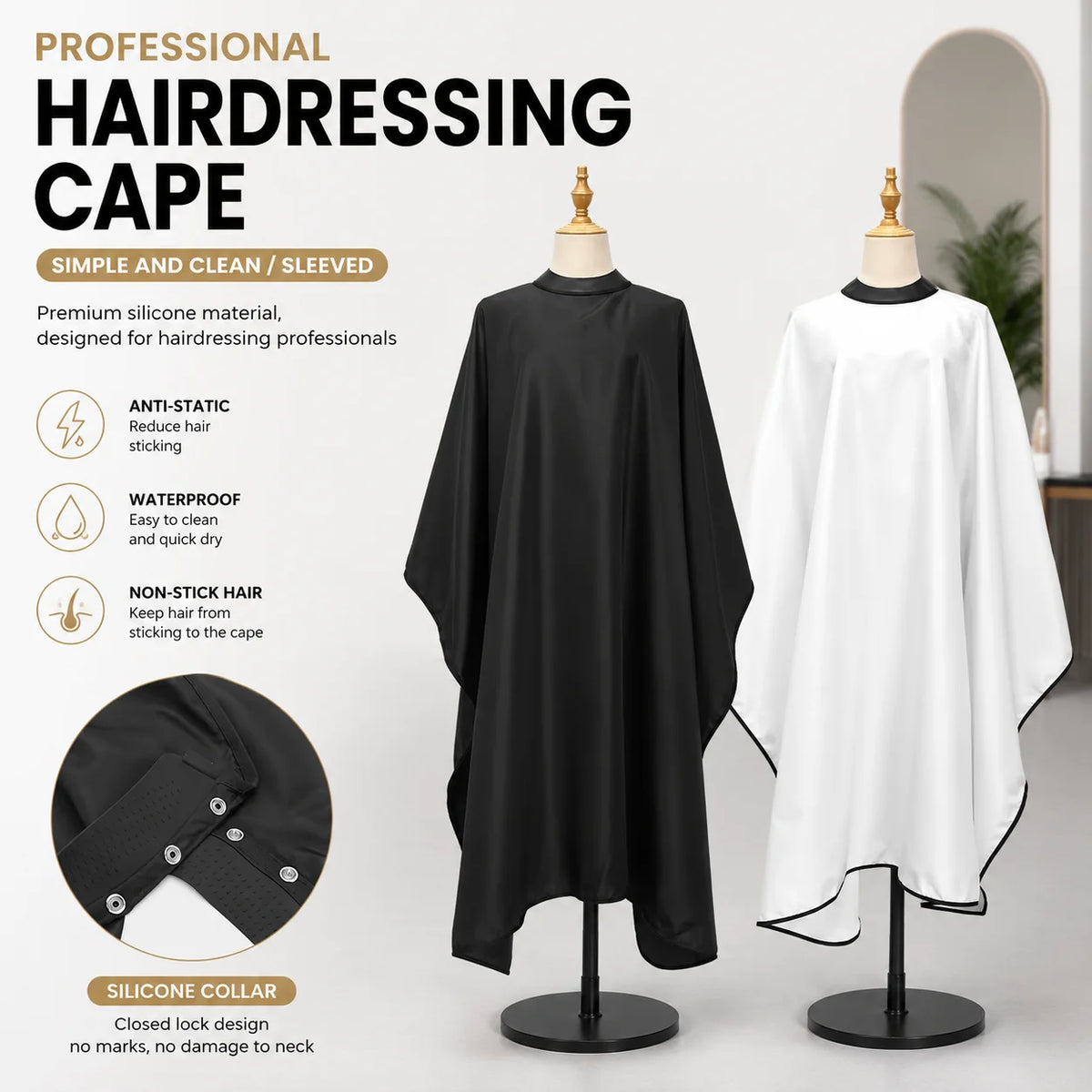 Barber Hair Cutting Cape with Silicone Neck Collar, Black or White Salon Hairdressing Gown