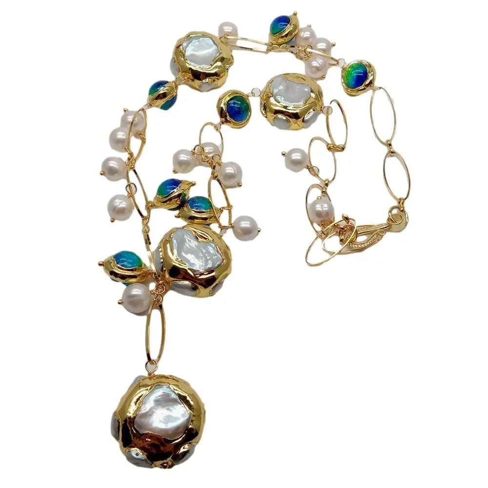 YYGEM hot sale ! Blue Murano Glass 10-11mm  Freshwater Cultured 27mm White Keshi Pearl Gold Filled Chain Necklace 21"