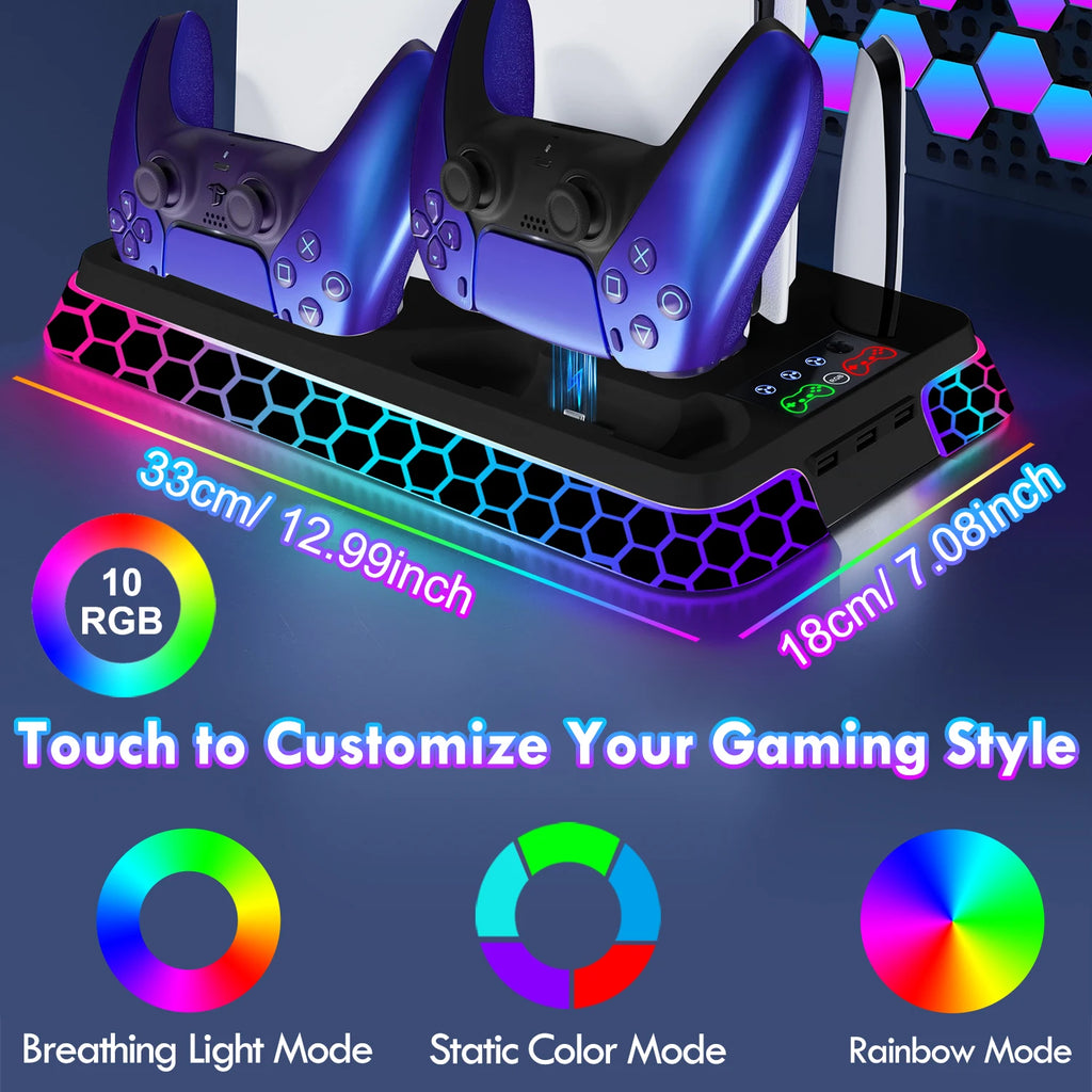 PS5 Cooling Stand with RGB and Controller Charging Dock, Game Storage, YH66S-D Black