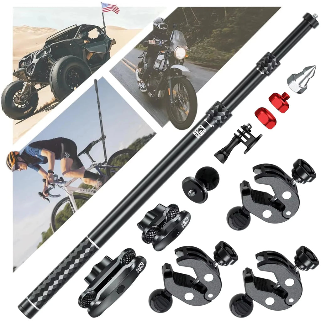 Motorcycle Action Camera Mount Kit Aluminum Anti-Theft Clamp + Extendable Selfie Stick