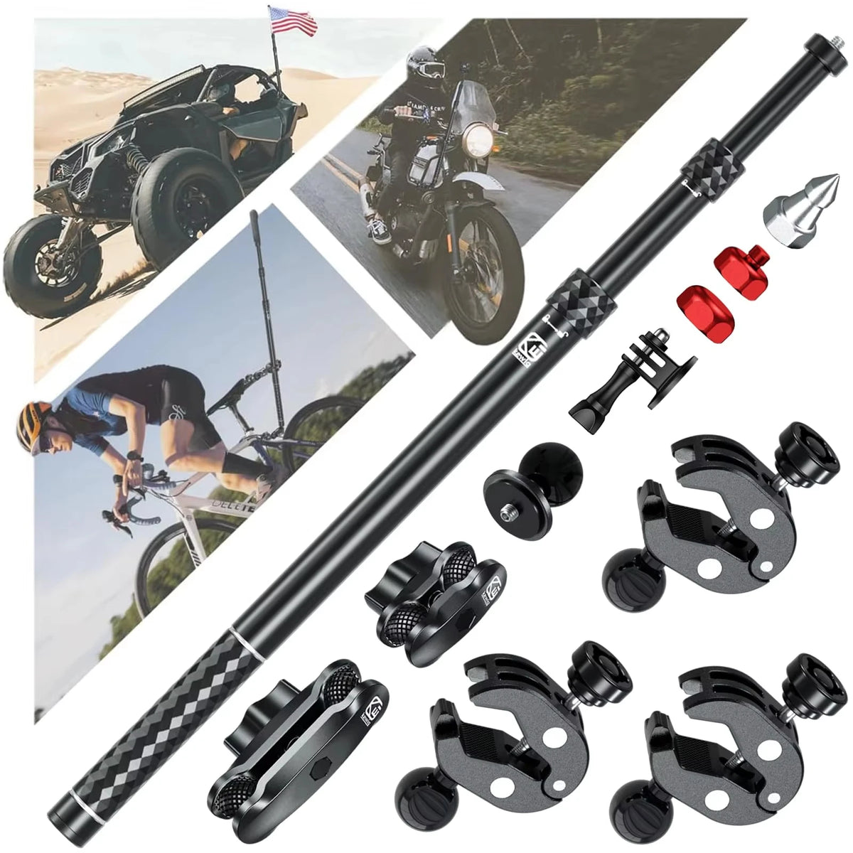 Motorcycle Action Camera Mount Kit Aluminum Anti-Theft Clamp + Extendable Selfie Stick
