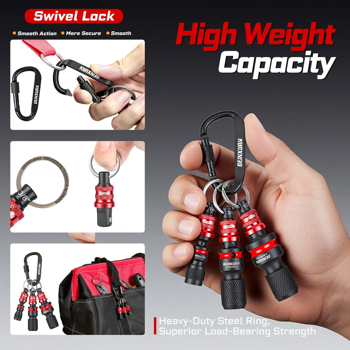 Geinxurn Socket Holder Keychain Set.1/4", 3/8", and 1/2" Drive Quick Release with Adapters, Ideal for Electricians, Construction