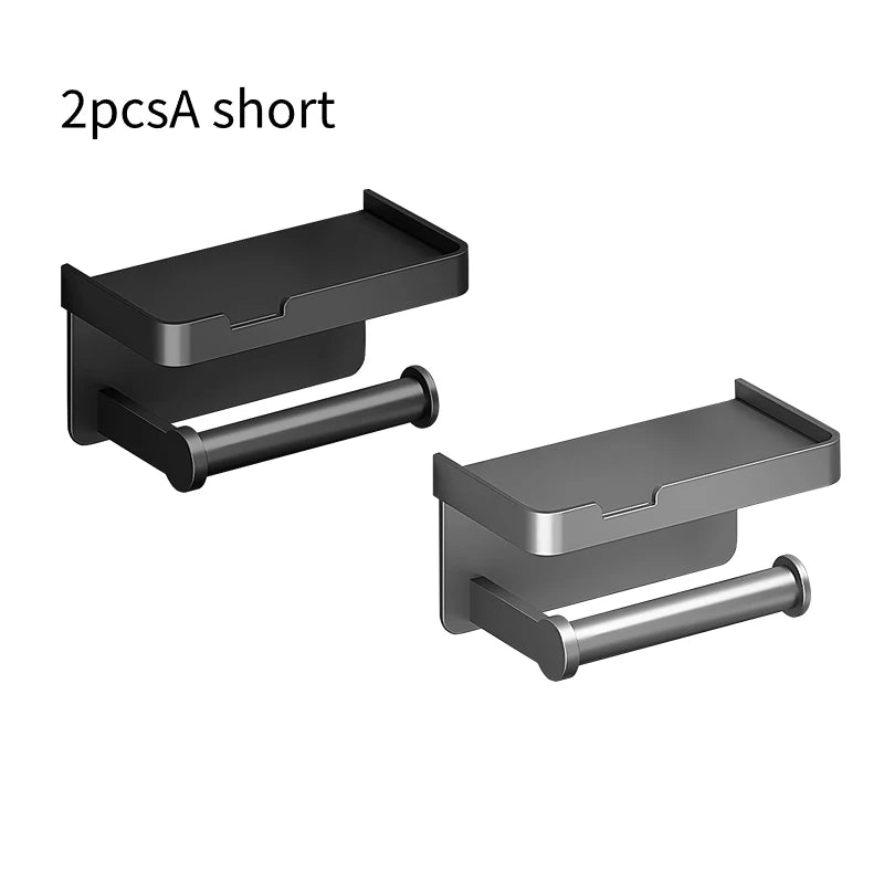 Aluminum Alloy Wall-Mounted Toilet Paper Holder with Shelf Phone Stand, Black/White/Grey, 2pcs