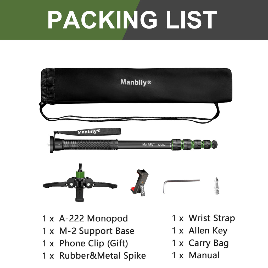 Manbily Lightweight Camera Tripod Monopod Selfie Stick Aluminum A-222 Pro For Canon Nikon DSLR Travel Max 170cm with M-2 Base