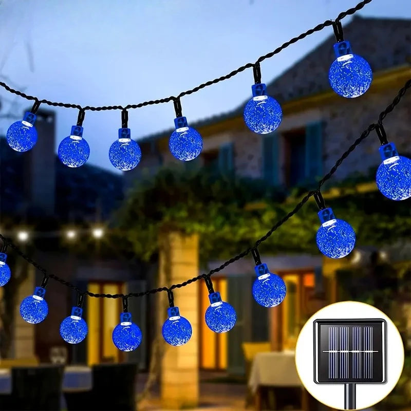 Solar bubble ball string lights, 8 modes, 22m 200 LED crystal globe outdoor, blue/white/yellow
