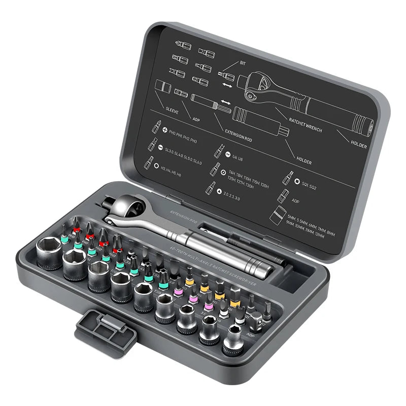 Galacok 40 in 1 Magnetic Ratchet Screwdriver Set, Multi-functional Wrench Set with 180° Adjustable Handle S2 Bits and Socket Set