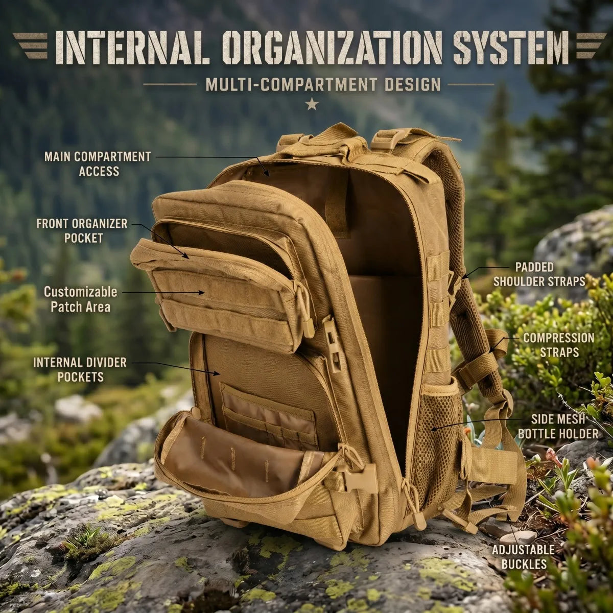 24L Tactical Backpack with Molle Webbing, Unisex Outdoor Hiking Camping Travel Daypack